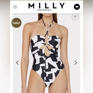 MILLY One Piece Swimsuit-Modern Geo Print Looped Cutout One-Piece Black/Ecru
